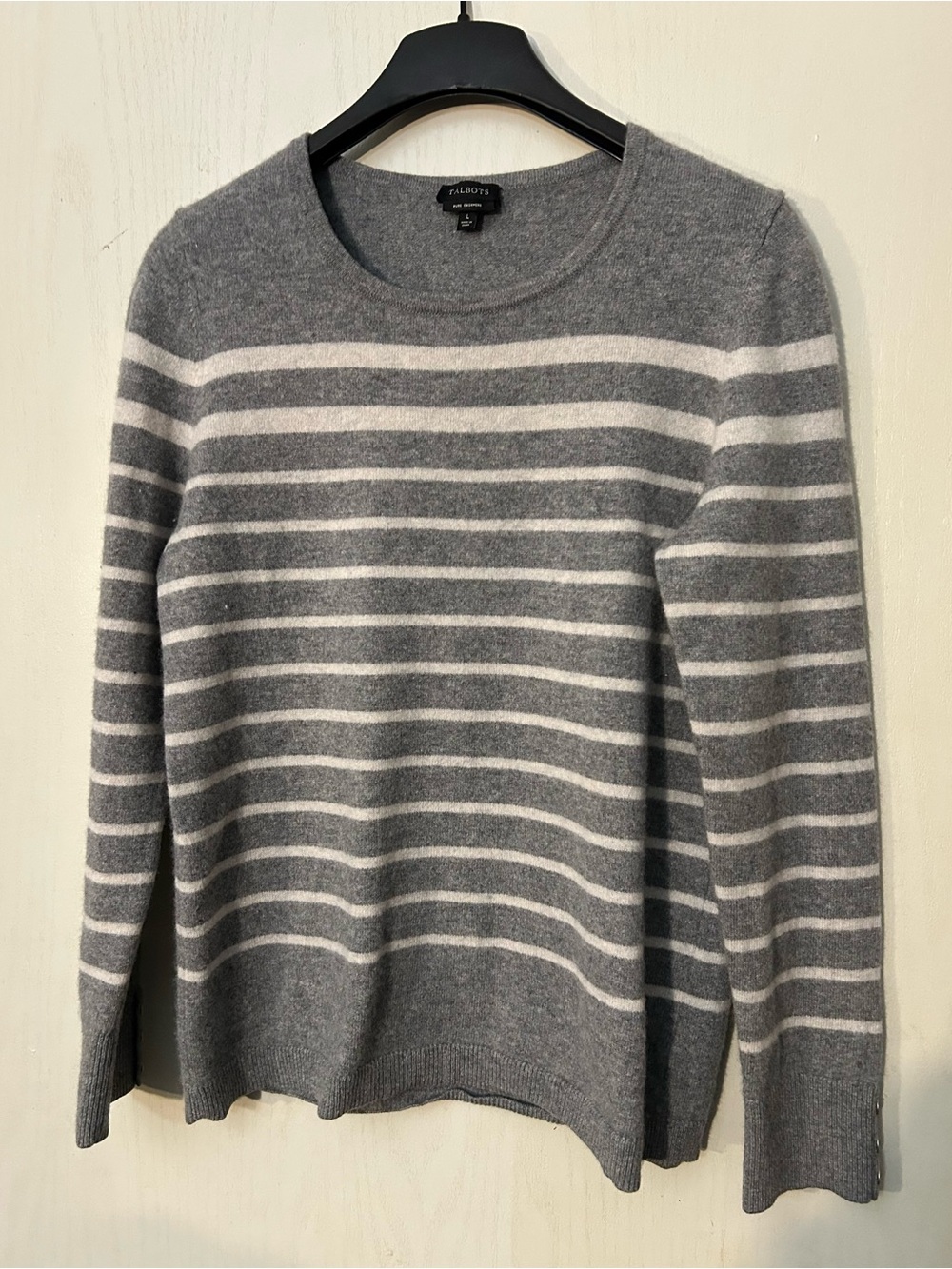 Talbots Pure Cashmere Sweater Women’s L Gray Ivory Striped 100% Cashmere